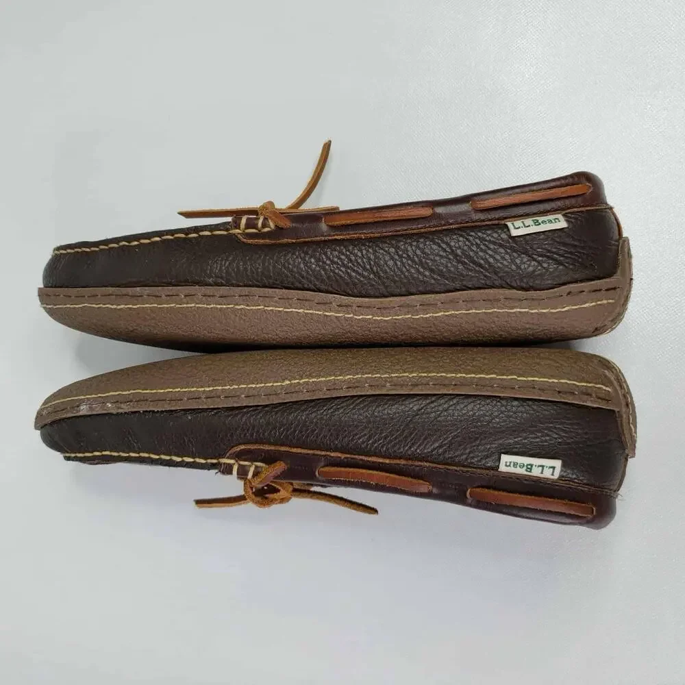 LL Bean Leather Slippers Men’s Size 10 Brown Flannel Lined Moccasin Comfort